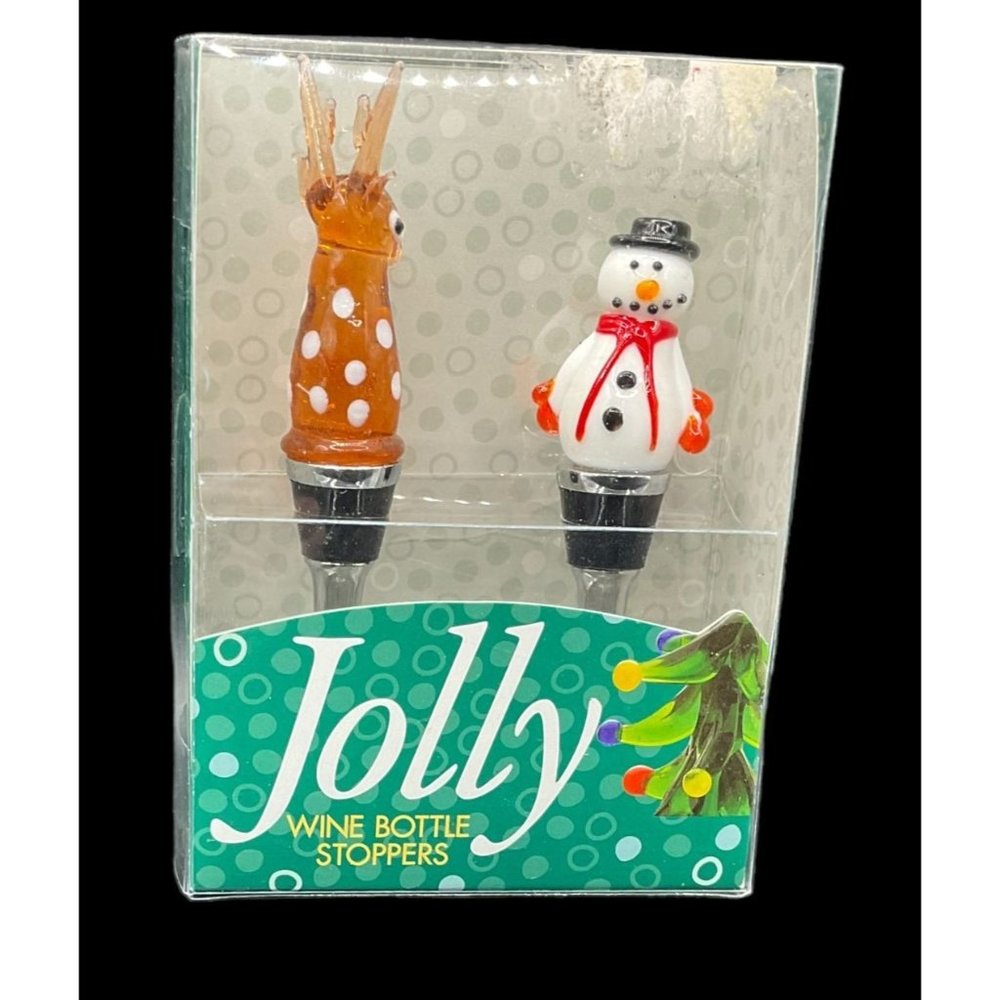 Jolly Wine Bottle Stoppers Art Glass Snowman Reindeer New In‎ Box